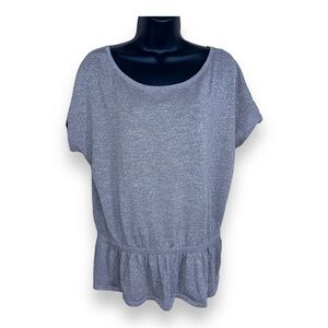 LARGE EXPRESS BEIGE GLITTER KNIT TOP SHORT SLEEVE PEPLUM STRETCH NEUTRAL